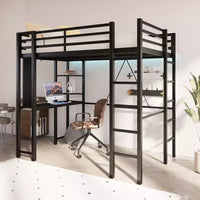 Lit mezzanine Celebalcony avec bureau et étagères de rangement, cadre avec 2 échelles latérales pour enfants, adolescents et adultes, conception peu encombrante et anti-basculement, noir