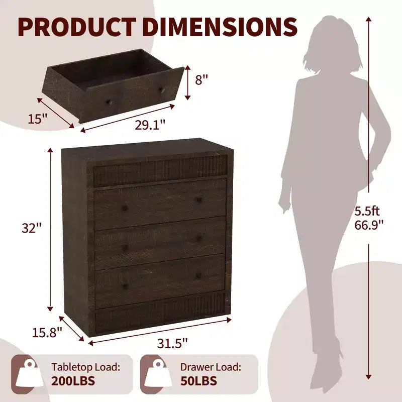 COZONY Commode 3/5 tiroirs, meuble de rangement large cannelé en bois avec tiroirs à glissement fluide, table de nuit moderne en bois