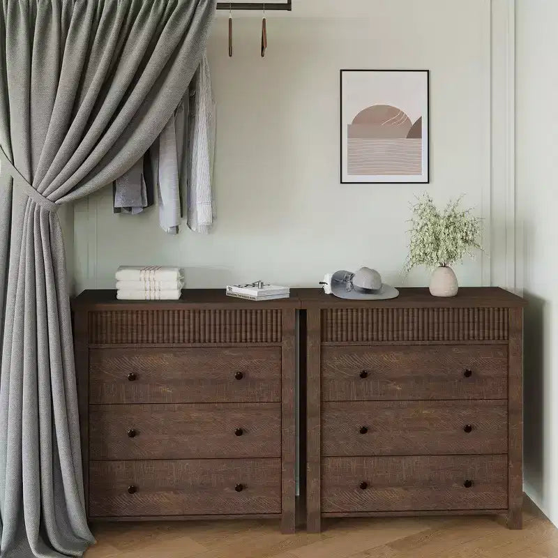 COZONY Commode 3/5 tiroirs, meuble de rangement large cannelé en bois avec tiroirs à glissement fluide, table de nuit moderne en bois