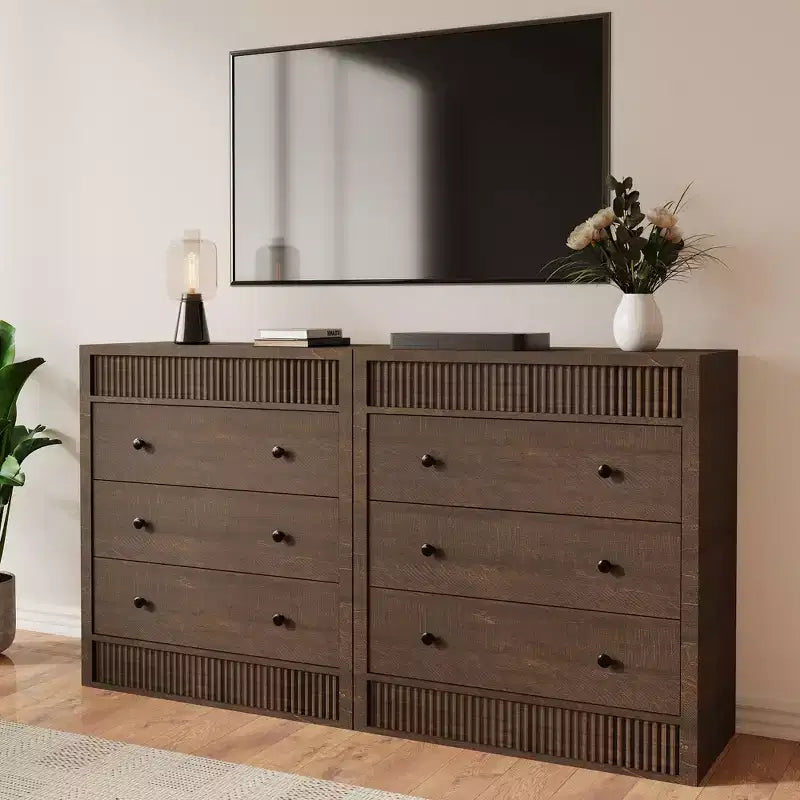 COZONY Commode 3/5 tiroirs, meuble de rangement large cannelé en bois avec tiroirs à glissement fluide, table de nuit moderne en bois