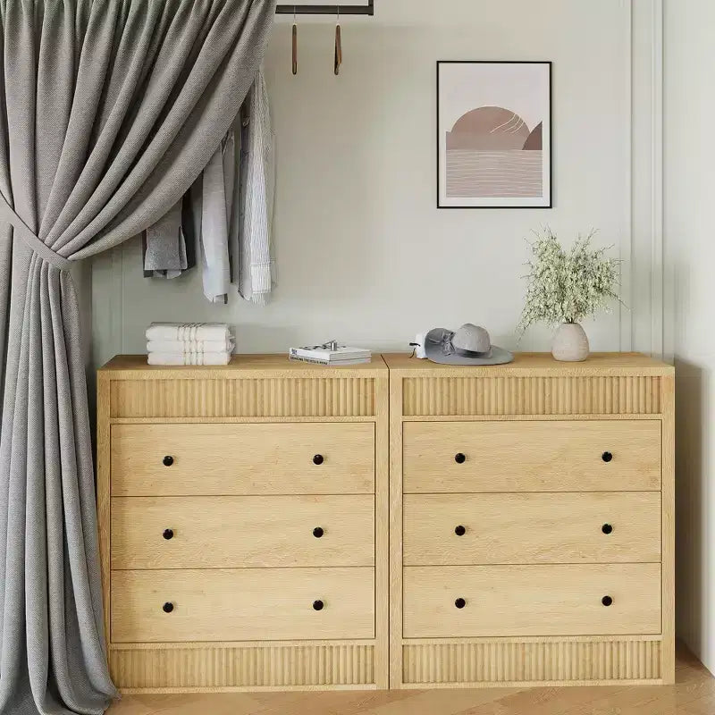 COZONY Commode 3/5 tiroirs, meuble de rangement large cannelé en bois avec tiroirs à glissement fluide, table de nuit moderne en bois