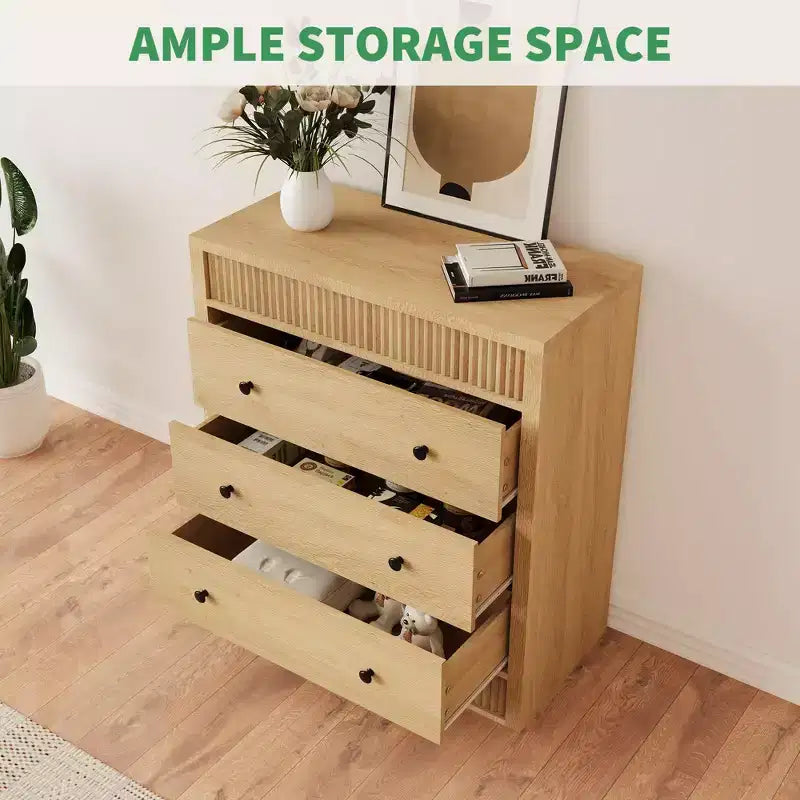 COZONY Commode 3/5 tiroirs, meuble de rangement large cannelé en bois avec tiroirs à glissement fluide, table de nuit moderne en bois