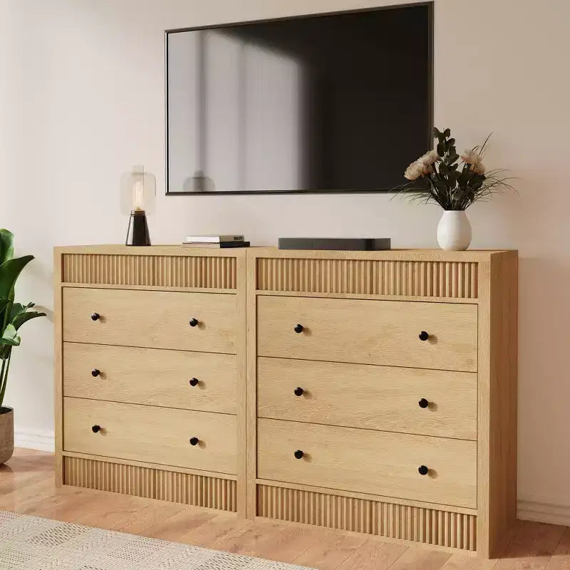 COZONY Commode 3/5 tiroirs, meuble de rangement large cannelé en bois avec tiroirs à glissement fluide, table de nuit moderne en bois
