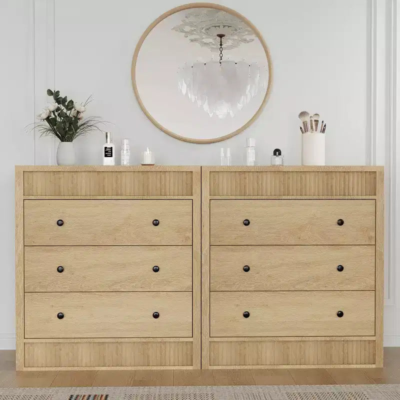 COZONY Commode 3/5 tiroirs, meuble de rangement large cannelé en bois avec tiroirs à glissement fluide, table de nuit moderne en bois