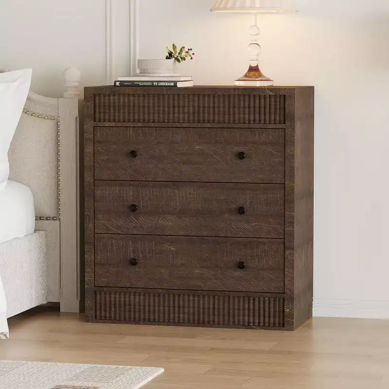 COZONY Commode 3/5 tiroirs, meuble de rangement large cannelé en bois avec tiroirs à glissement fluide, table de nuit moderne en bois
