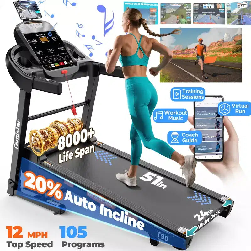 Tapis roulant pliable de 5 CV à inclinaison automatique de 20 % avec capacité de 180 kg, vitesse rapide de 19 km/h, 105 programmes intelligents, contrôle par application, tapis de marche et de course pour la maison