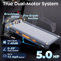 Tapis roulant pliable de 5 CV à inclinaison automatique de 20 % avec capacité de 180 kg, vitesse rapide de 19 km/h, 105 programmes intelligents, contrôle par application, tapis de marche et de course pour la maison
