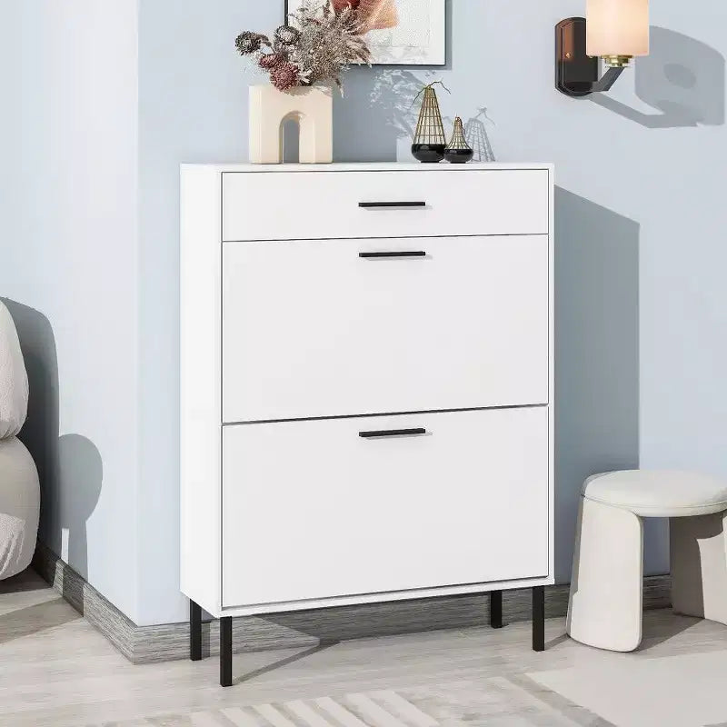 Meuble à chaussures TUYOHW avec 2 tiroirs basculants, Organisateur de rangement autonome pour entrée avec pieds en métal et tiroir supérieur, Blanc