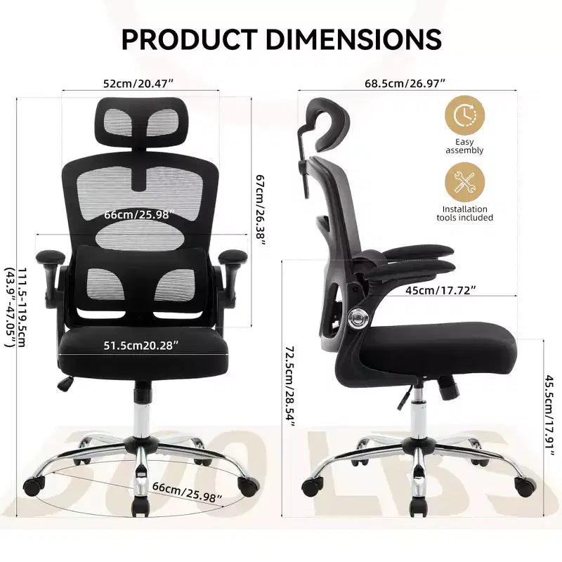 Chaise de bureau ergonomique Chaise de bureau à dossier haut en maille avec appui-tête réglable et roulettes Chaise pivotante pour la maison/le bureau/la salle de jeux