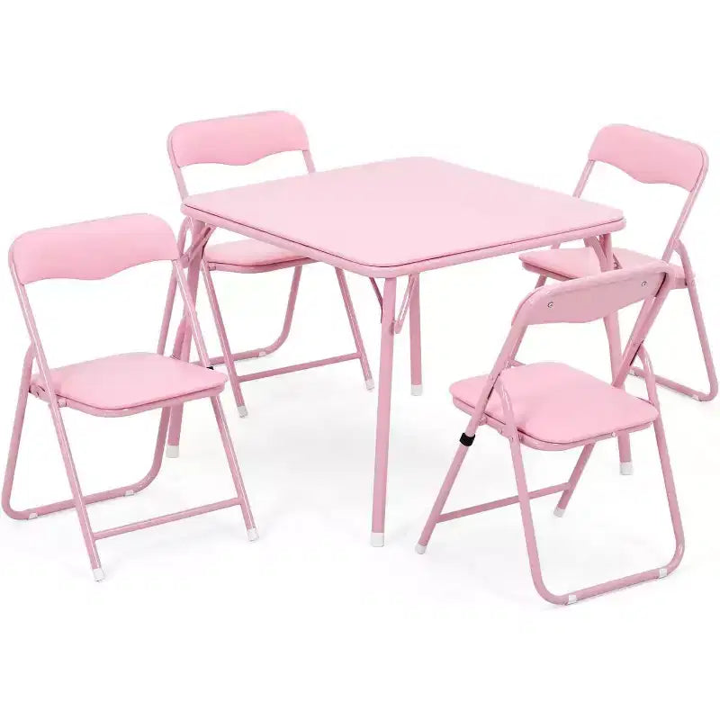 Acekool Table de jeu pliante en métal avec 4 chaises, chaises pliantes rembourrées roses avec coussin et cadre en acier, table carrée pliable pour salle à manger