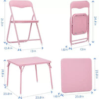 Acekool Table de jeu pliante en métal avec 4 chaises, chaises pliantes rembourrées roses avec coussin et cadre en acier, table carrée pliable pour salle à manger