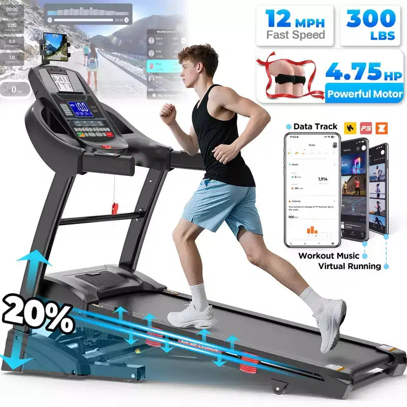 Liquidation tapis de course, Tapis de course 4,75 CV pour la maison/le bureau, 20 niveaux d'inclinaison automatique, Capacité de 136 kg, 19 km/h, Bluetooth, application et cours d'entraînement gratuits