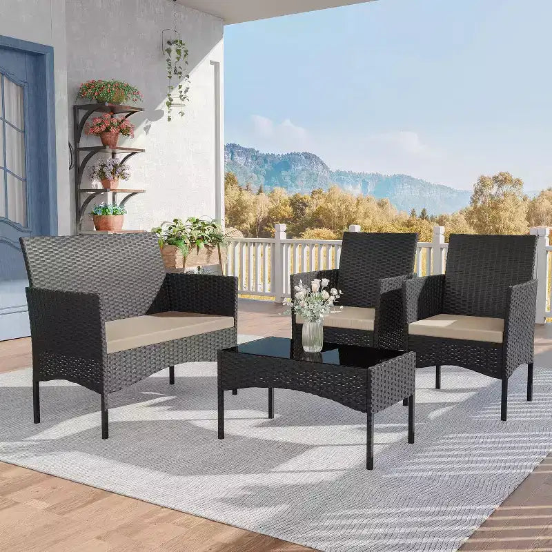 ALAULM Ensemble de mobilier de terrasse 4 pièces, chaises d'extérieur en rotin tressé, ensembles de conversation avec table basse, ensemble bistro à bascule