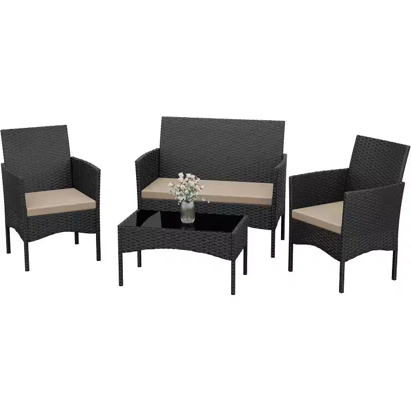 ALAULM Ensemble de mobilier de patio 4 pièces Chaises en rotin tressé d'extérieur Ensembles de conversation avec table basse, Ensemble bistro à bascule