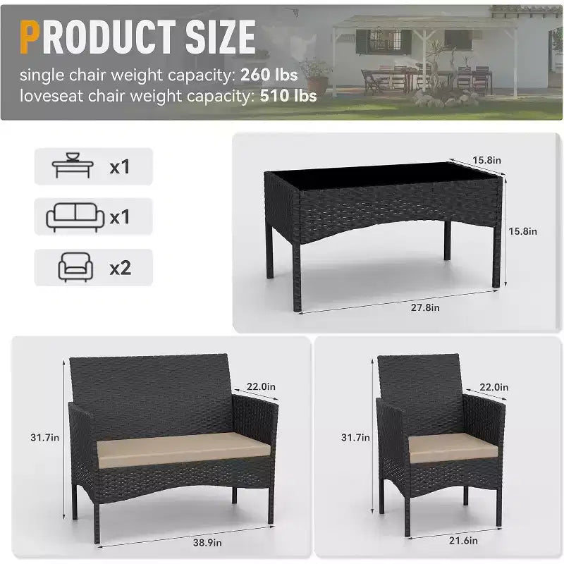 ALAULM Ensemble de mobilier de terrasse 4 pièces, chaises d'extérieur en rotin tressé, ensembles de conversation avec table basse, ensemble bistro à bascule