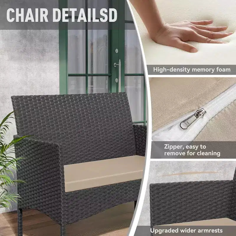 ALAULM Ensemble de mobilier de terrasse 4 pièces, chaises d'extérieur en rotin tressé, ensembles de conversation avec table basse, ensemble bistro à bascule