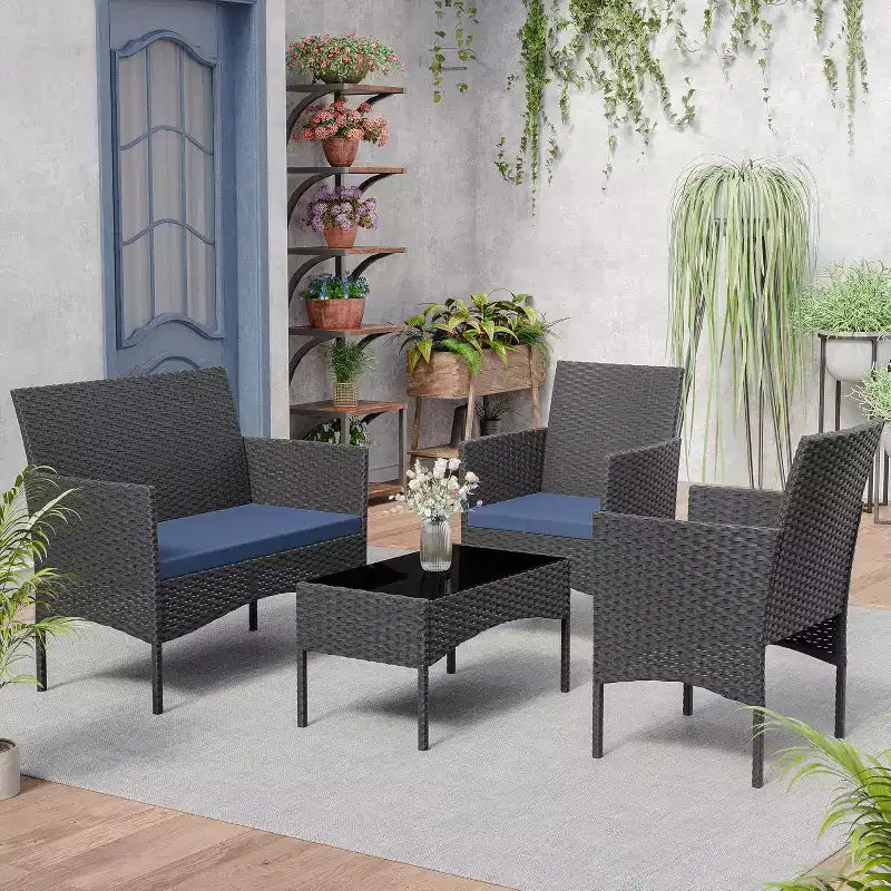 ALAULM Ensemble de mobilier de patio 4 pièces Chaises en rotin tressé d'extérieur Ensembles de conversation avec table basse, Ensemble bistro à bascule