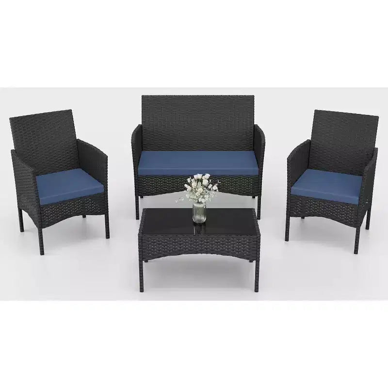 ALAULM Ensemble de mobilier de patio 4 pièces Chaises en rotin tressé d'extérieur Ensembles de conversation avec table basse, Ensemble bistro à bascule