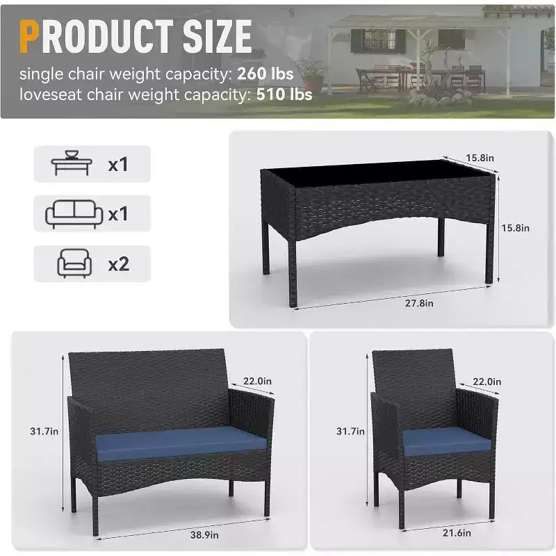 ALAULM Ensemble de mobilier de patio 4 pièces Chaises en rotin tressé d'extérieur Ensembles de conversation avec table basse, Ensemble bistro à bascule