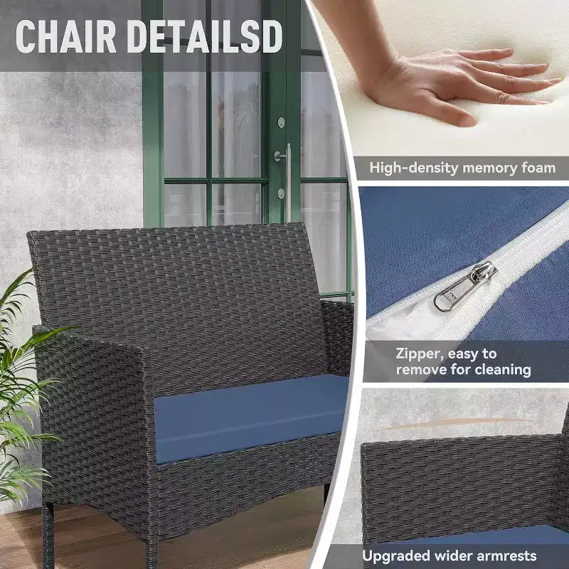 ALAULM Ensemble de mobilier de terrasse 4 pièces, chaises d'extérieur en rotin tressé, ensembles de conversation avec table basse, ensemble bistro à bascule