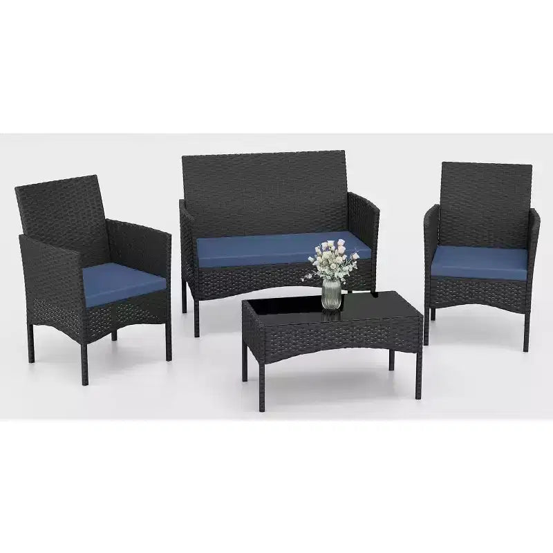 ALAULM Ensemble de mobilier de patio 4 pièces Chaises en rotin tressé d'extérieur Ensembles de conversation avec table basse, Ensemble bistro à bascule