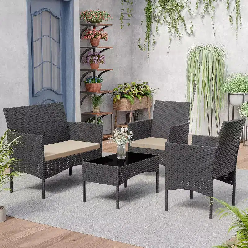 ALAULM Ensemble de mobilier de terrasse 4 pièces, chaises d'extérieur en rotin tressé, ensembles de conversation avec table basse, ensemble bistro à bascule