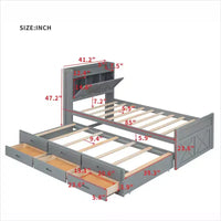 Lit double en bois Whisen, cadre de lit extensible avec lit gigogne double, tête de lit de rangement, trois tiroirs