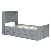 Lit double en bois Whisen, cadre de lit extensible avec lit gigogne double, tête de lit de rangement, trois tiroirs