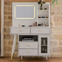 GDFStudio Ramon Coiffeuse 4 tiroirs avec tabouret, miroir dimmable, prise électrique et armoire latérale réglable