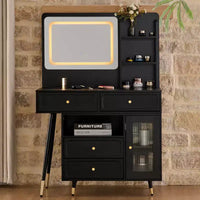 GDFStudio Ramon Coiffeuse 4 tiroirs avec tabouret, miroir dimmable, prise électrique et armoire latérale réglable
