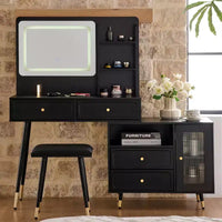 GDFStudio Ramon 4-Drawer Vanity Set with Stool, Dimmable Mirror, Power Outlet and Adjustable Side Cabinet