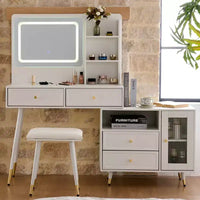 GDFStudio Ramon Coiffeuse 4 tiroirs avec tabouret, miroir dimmable, prise électrique et armoire latérale réglable
