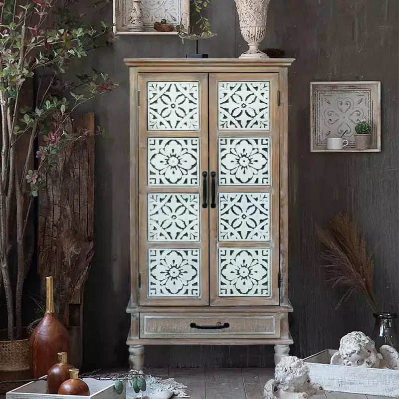 Buffet Haut de Cuisine Ferme Vintage 55, Grand Meuble de Rangement en Bois Composite avec Motif Floral et Tiroir - Panipeachy
