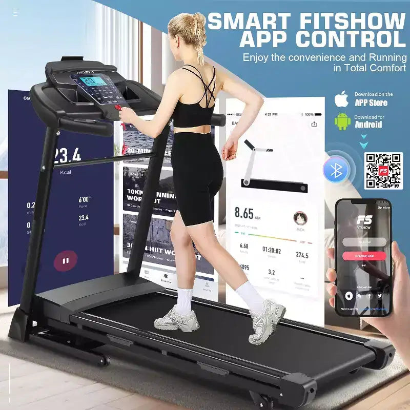 KRISRATE Tapis roulant avec inclinaison automatique de 15 % et grand écran LED, application intelligente et haut-parleur Bluetooth, tapis roulant pliable robuste de 4,5 CV pour salle de sport à domicile