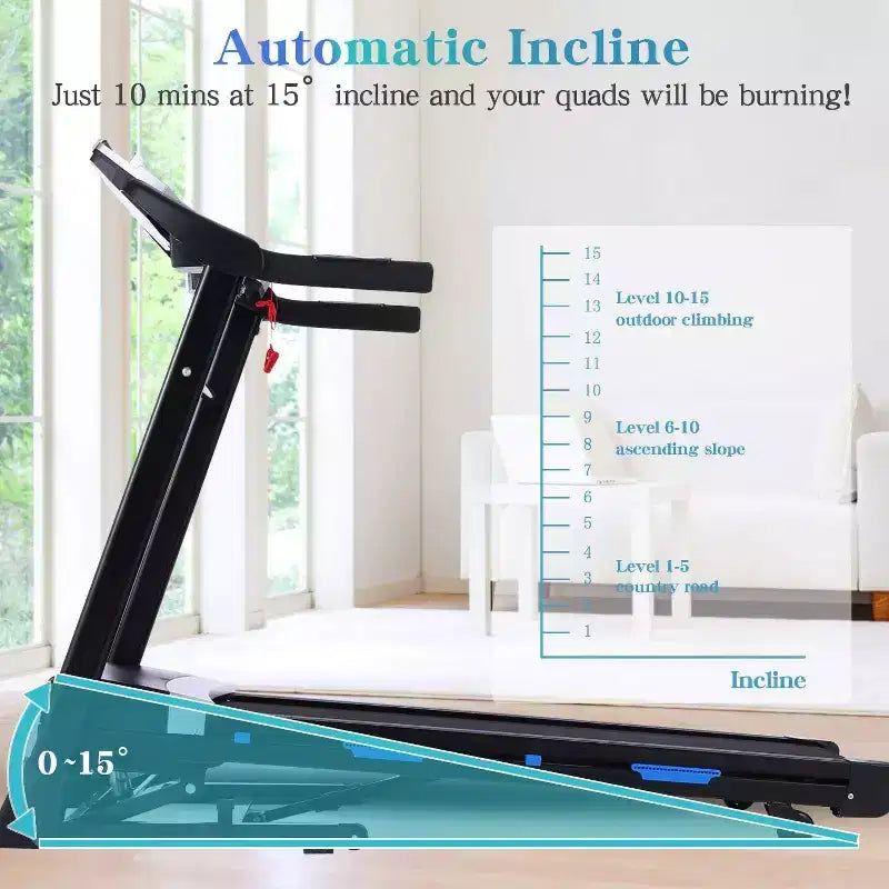 KRISRATE Tapis roulant avec inclinaison automatique de 15 % et grand écran LED, application intelligente et haut-parleur Bluetooth, tapis roulant pliable robuste de 4,5 CV pour salle de sport à domicile