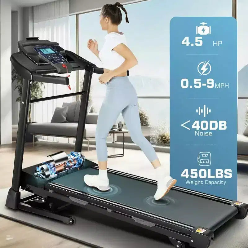 KRISRATE Tapis roulant avec inclinaison automatique de 15 % et grand écran LED, application intelligente et haut-parleur Bluetooth, tapis roulant pliable robuste de 4,5 CV pour salle de sport à domicile