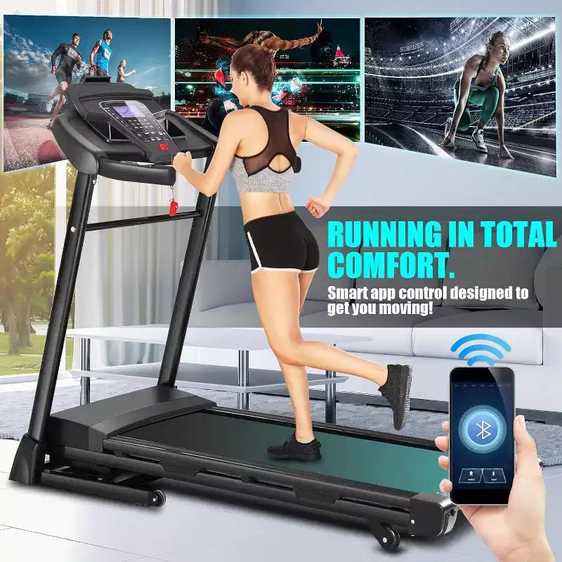 KRISRATE Tapis roulant avec inclinaison automatique de 15 % et grand écran LED, application intelligente et haut-parleur Bluetooth, tapis roulant pliable robuste de 4,5 CV pour salle de sport à domicile