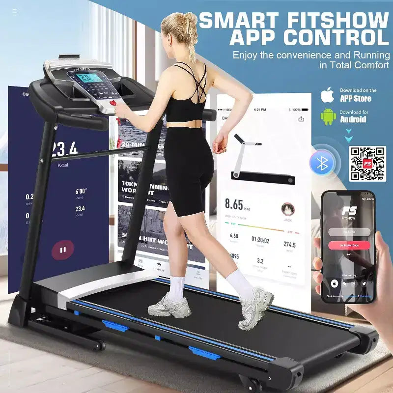 KRISRATE Tapis roulant avec inclinaison automatique de 15 % et grand écran LED, application intelligente et haut-parleur Bluetooth, tapis roulant pliable robuste de 4,5 CV pour salle de sport à domicile