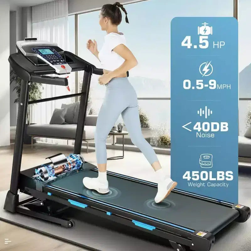 KRISRATE Tapis roulant avec inclinaison automatique de 15 % et grand écran LED, application intelligente et haut-parleur Bluetooth, tapis roulant pliable robuste de 4,5 CV pour salle de sport à domicile