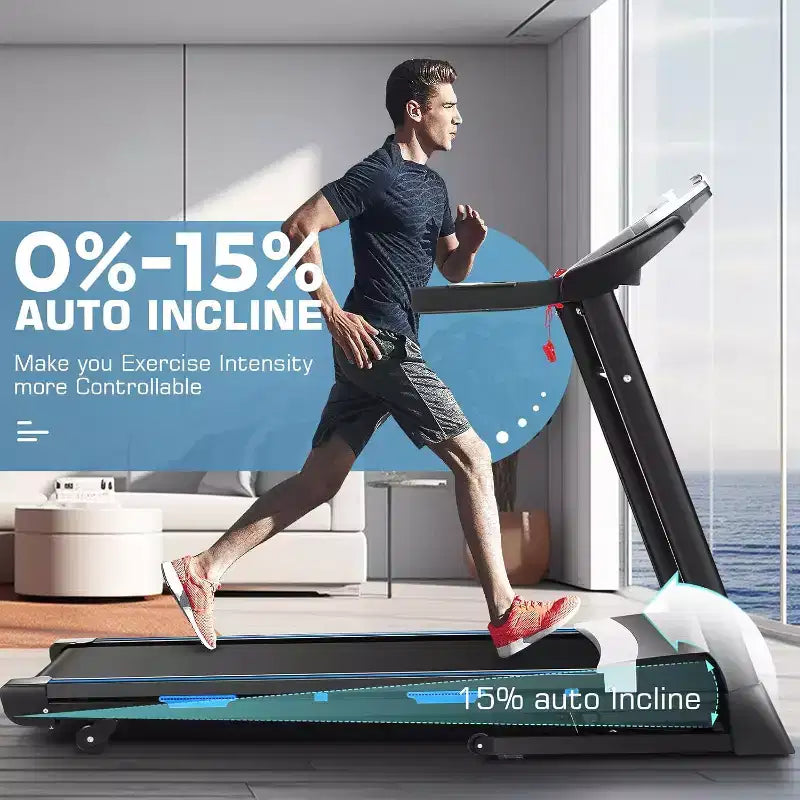 KRISRATE Tapis roulant avec inclinaison automatique de 15 % et grand écran LED, application intelligente et haut-parleur Bluetooth, tapis roulant pliable robuste de 4,5 CV pour salle de sport à domicile