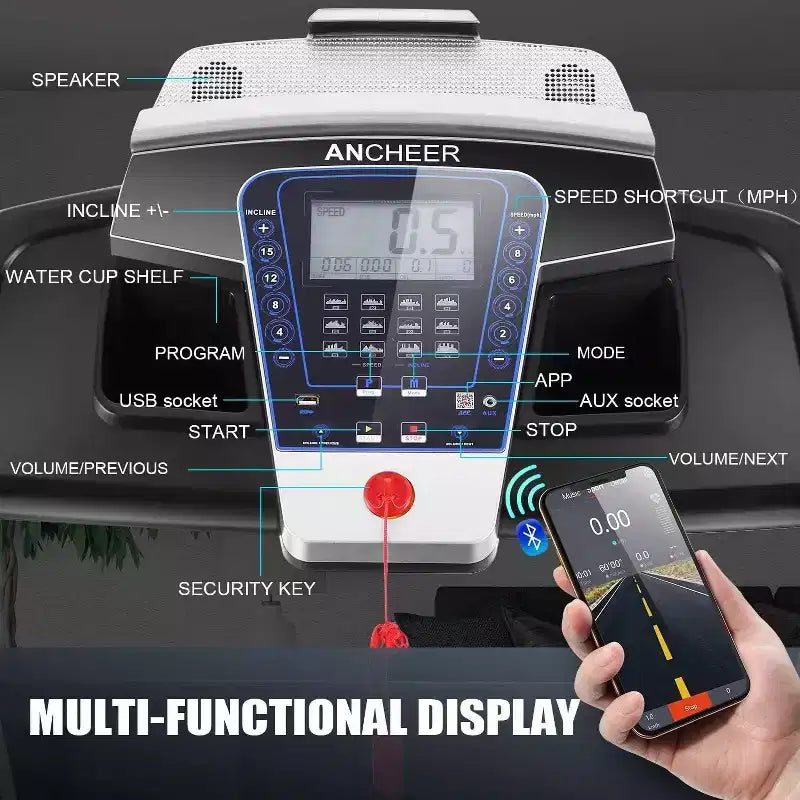 KRISRATE Tapis roulant avec inclinaison automatique de 15 % et grand écran LED, application intelligente et haut-parleur Bluetooth, tapis roulant pliable robuste de 4,5 CV pour salle de sport à domicile