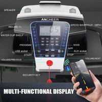 KRISRATE Tapis roulant avec inclinaison automatique de 15 % et grand écran LED, application intelligente et haut-parleur Bluetooth, tapis roulant pliable robuste de 4,5 CV pour salle de sport à domicile