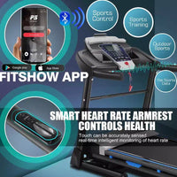 KRISRATE Tapis roulant avec inclinaison automatique de 15 % et grand écran LED, application intelligente et haut-parleur Bluetooth, tapis roulant pliable robuste de 4,5 CV pour salle de sport à domicile