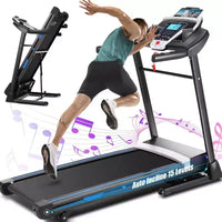 KRISRATE Tapis roulant avec inclinaison automatique de 15 % et grand écran LED, application intelligente et haut-parleur Bluetooth, tapis roulant pliable robuste de 4,5 CV pour salle de sport à domicile