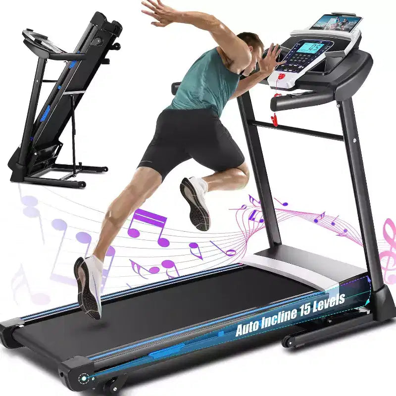 KRISRATE Tapis roulant avec inclinaison automatique de 15 % et grand écran LED, application intelligente et haut-parleur Bluetooth, tapis roulant pliable robuste de 4,5 CV pour salle de sport à domicile