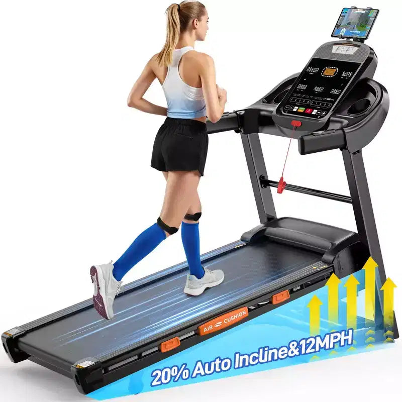 Tapis roulant pliable 5HP avec inclinaison automatique 20%, tapis capacité 400lb, vitesse rapide 12MPH, 105 programmes intelligents, contrôle par APP, tapis de course maison marche course