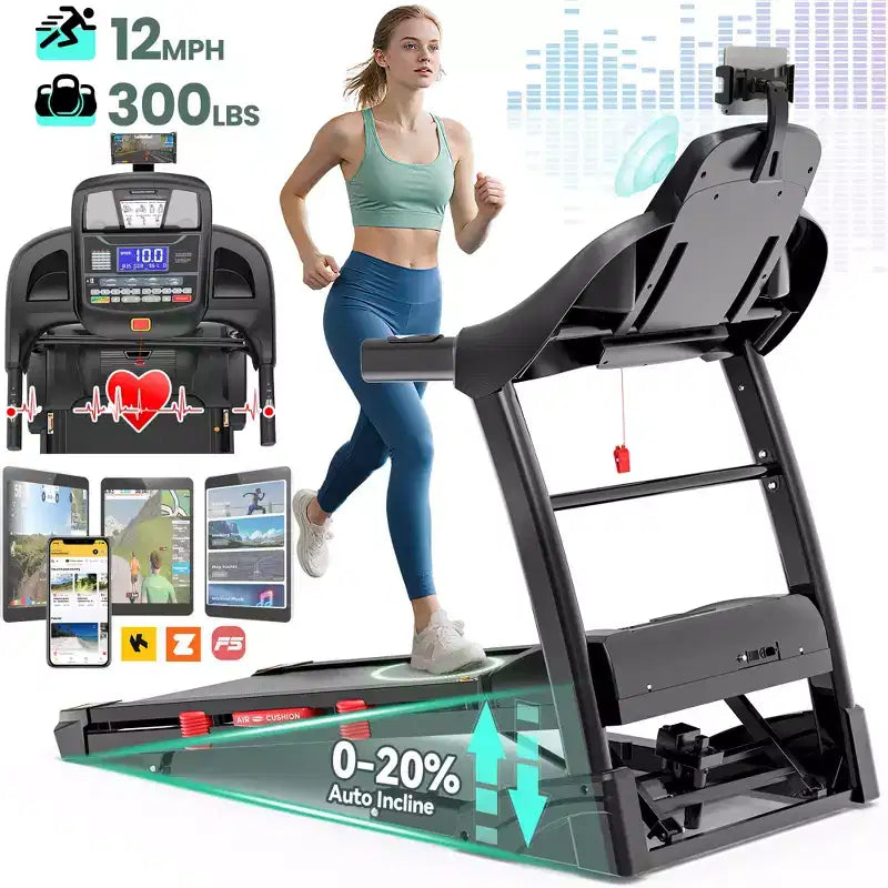 Tapis de course pliable avec inclinaison automatique, capacité de 136 kg, vitesse de 0,9 à 19,3 km/h, moniteur de fréquence cardiaque, contrôle par application et audio Bluetooth pour usage domestique