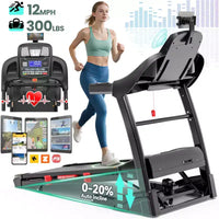 Tapis de course pliable avec inclinaison automatique, capacité de 136 kg, vitesse de 0,9 à 19,3 km/h, moniteur de fréquence cardiaque, contrôle par application et audio Bluetooth pour usage domestique