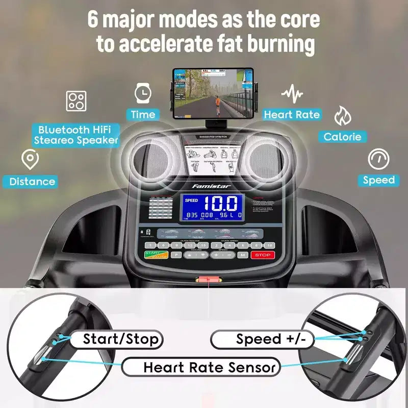 Tapis de course pliable avec inclinaison automatique, capacité de 136 kg, vitesse de 0,9 à 19,3 km/h, moniteur de fréquence cardiaque, contrôle par application et audio Bluetooth pour usage domestique