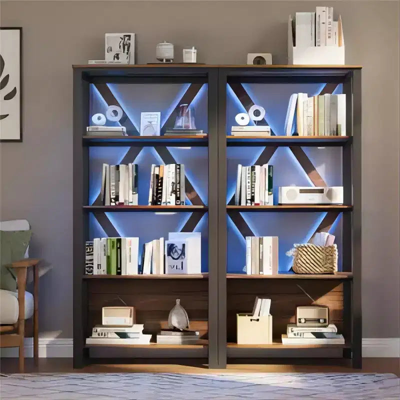 Bibliothèque LED avec barre lumineuse, étagère échelle 4 ou 5 niveaux en panneau de particules et structure en fer, couleur vintage pour salon, chambre